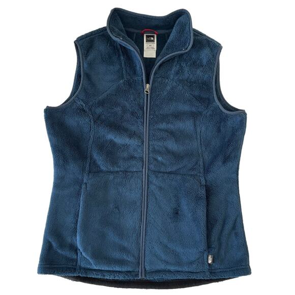 The North Face Vest Women’s Sz M Spell Out Shag Fleece Fuzzy Pockets Zip Blue - Picture 1 of 15